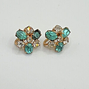Estate Vintage SCITARELLI Rhinestone Flower Screw Back Earrings
